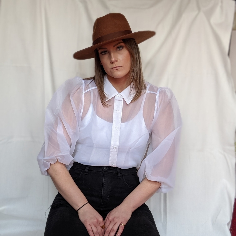 NWT Sheer Puff Sleeve Collar Button Up Blouse